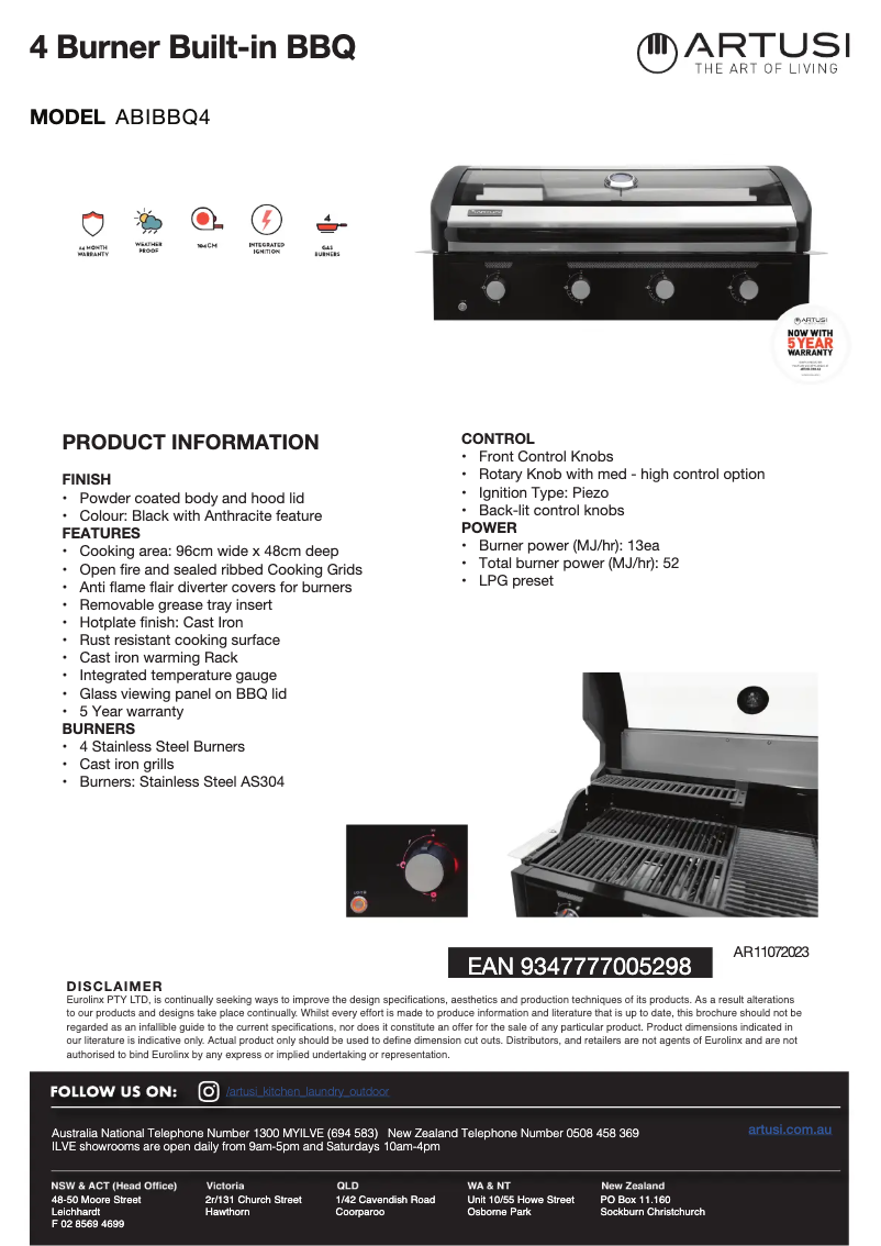 Page 1 de la notice Fiche technique Artusi ABIBBQ4