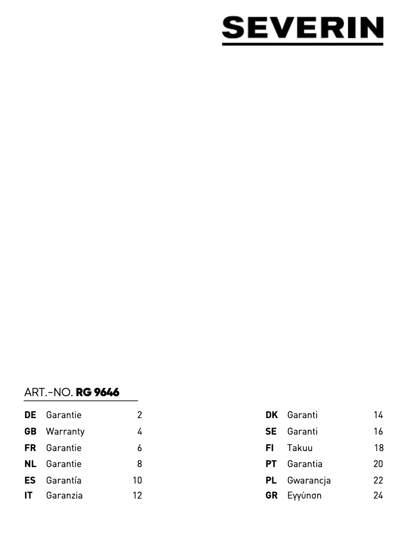 Page 1 de la notice Informations de garantie Severin RG 9646