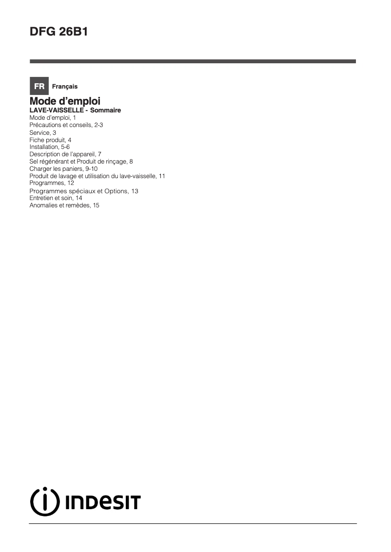 Page 1 de la notice Manuel utilisateur Indesit DFG 26B1 EU