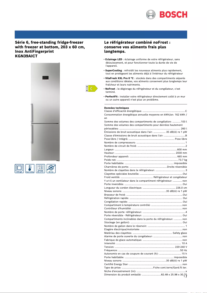 Page n°1 - Fiche technique Bosch KGN39AICT
