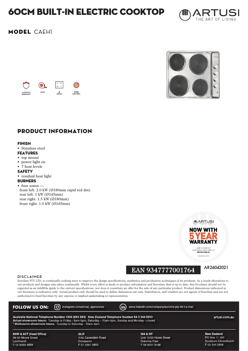 Page 1 de la notice Fiche technique Artusi CAEH1