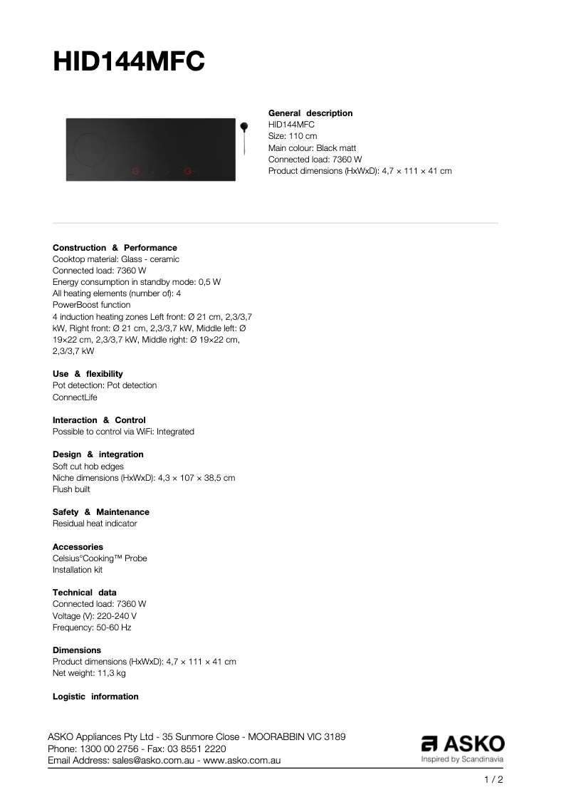 Page 1 de la notice Fiche technique Asko HID144MFC