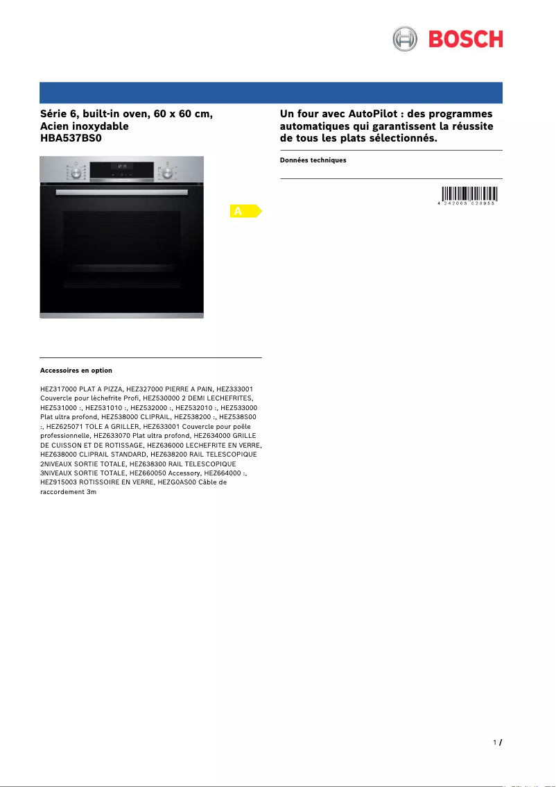 Página 1 del manual Ficha técnica Bosch Serie 6 HBA537BS0