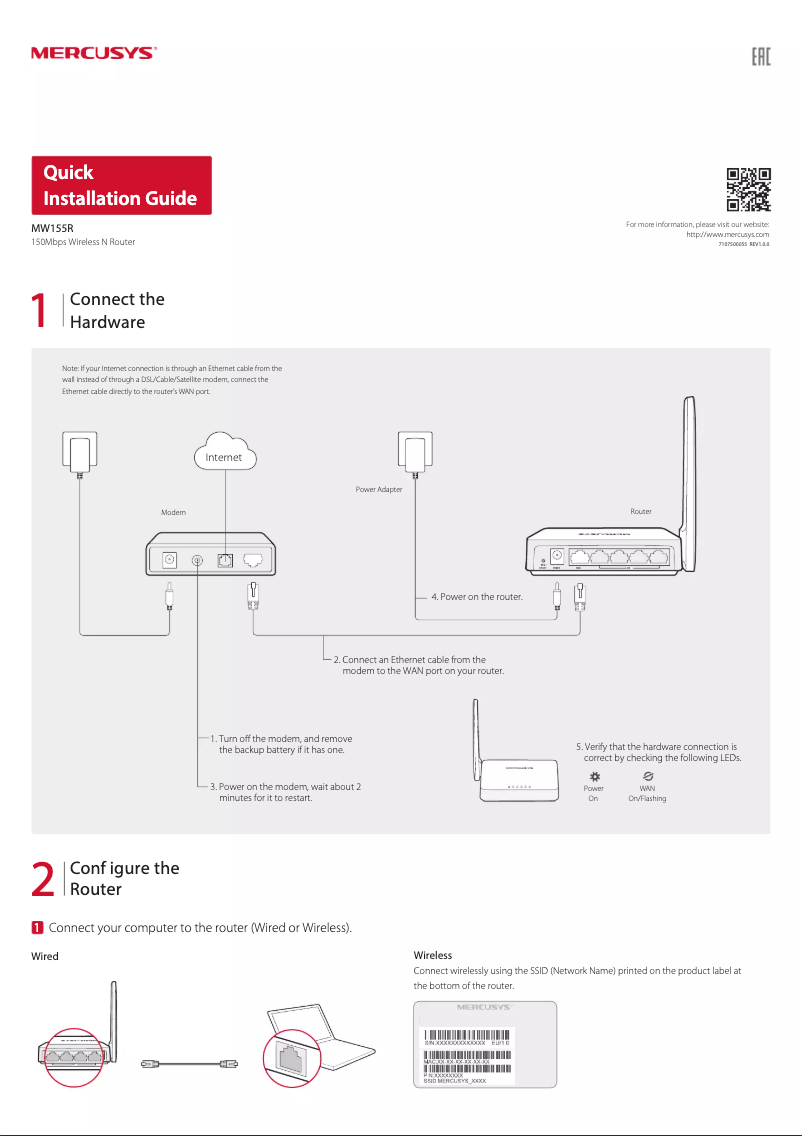 Page 1 de la notice Guide d'installation Mercusys MW155R