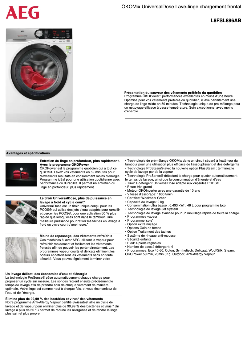 Page 1 de la notice Fiche technique AEG L8FSL896AB