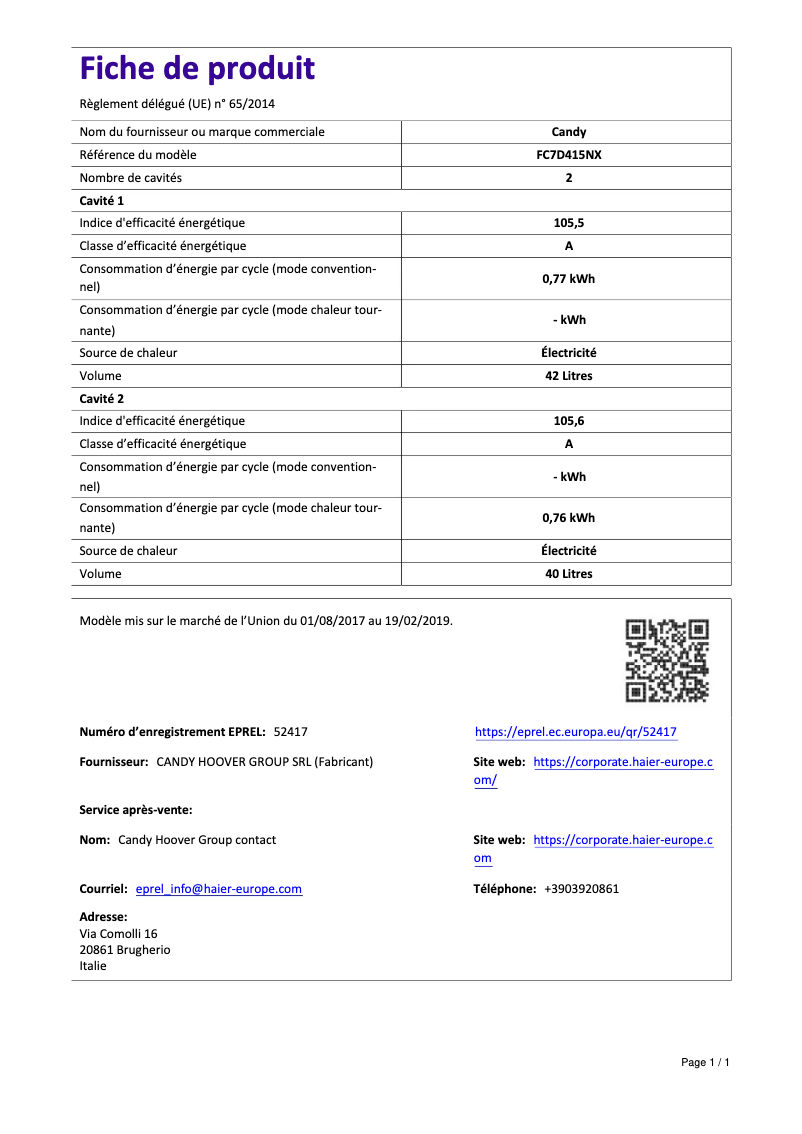 Page 1 de la notice Manuel utilisateur Candy FC7D415NX