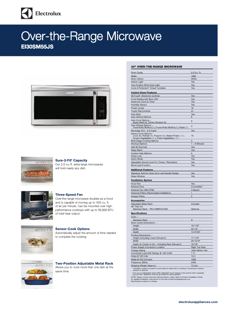 Page 1 de la notice Fiche technique Electrolux EI30SM55JW