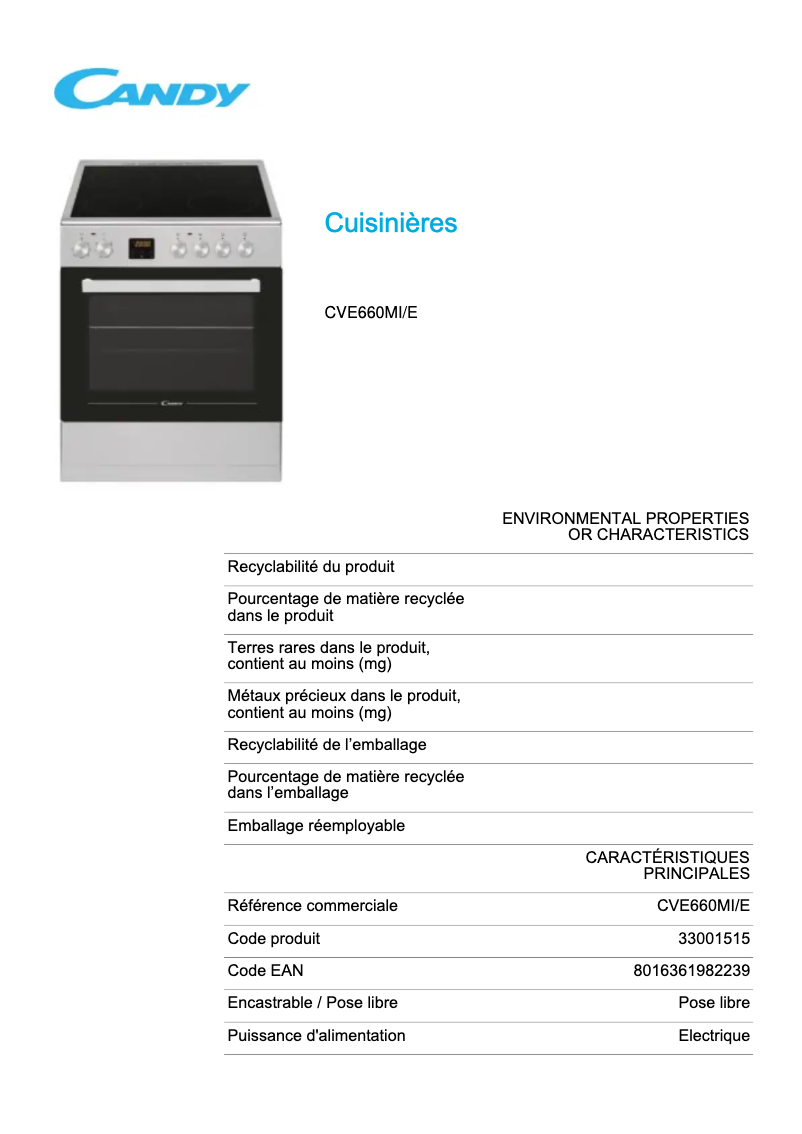 Page 1 de la notice Fiche technique Candy CVE660MI/E