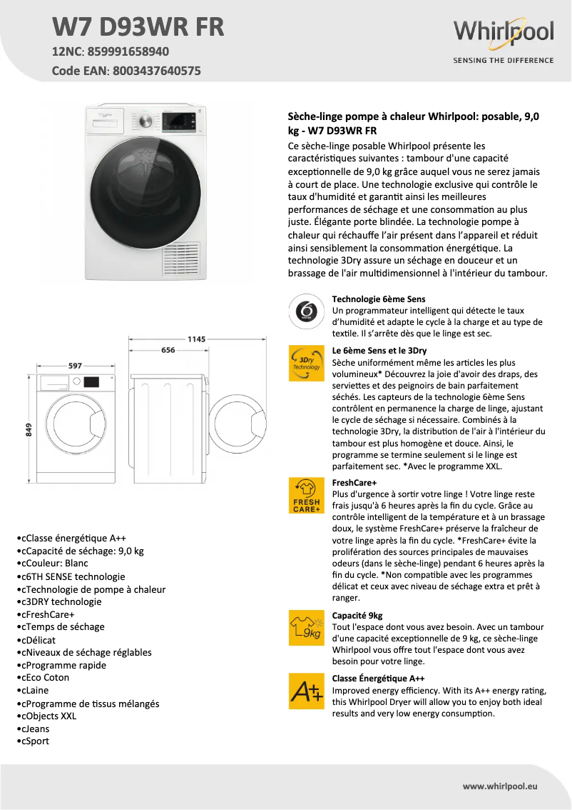 Página 1 del manual Ficha técnica Whirlpool W7D93WRFR