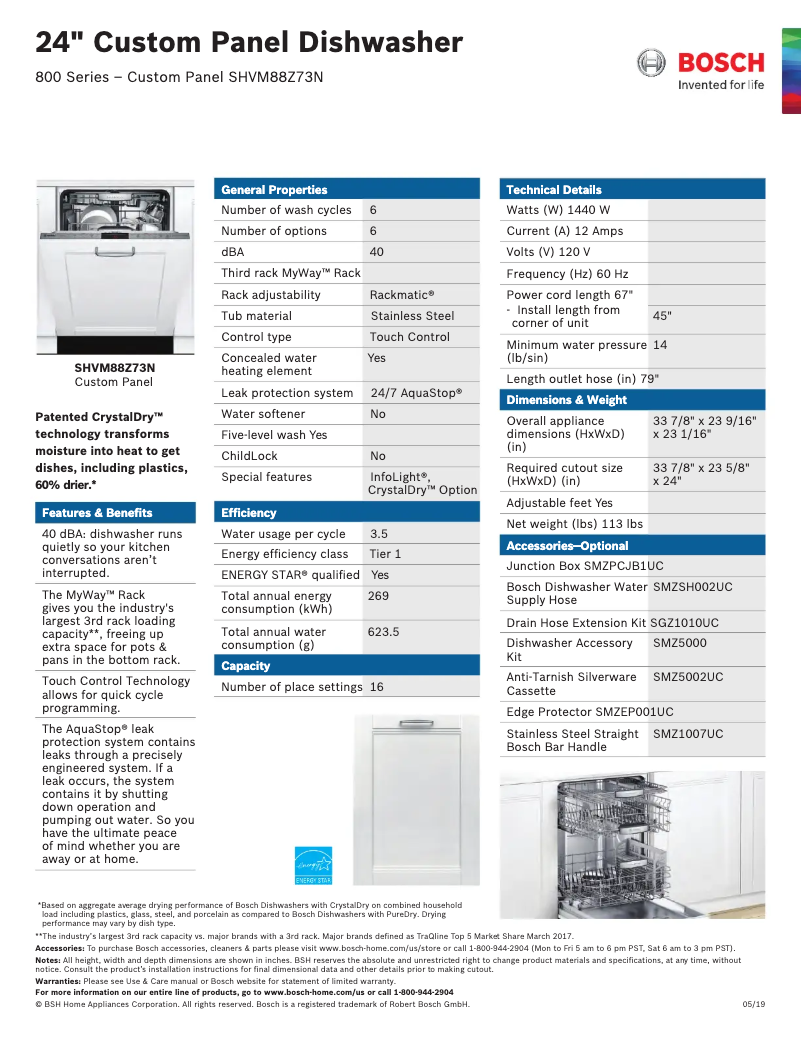 Page 1 de la notice Fiche technique Bosch SHVM88Z73N