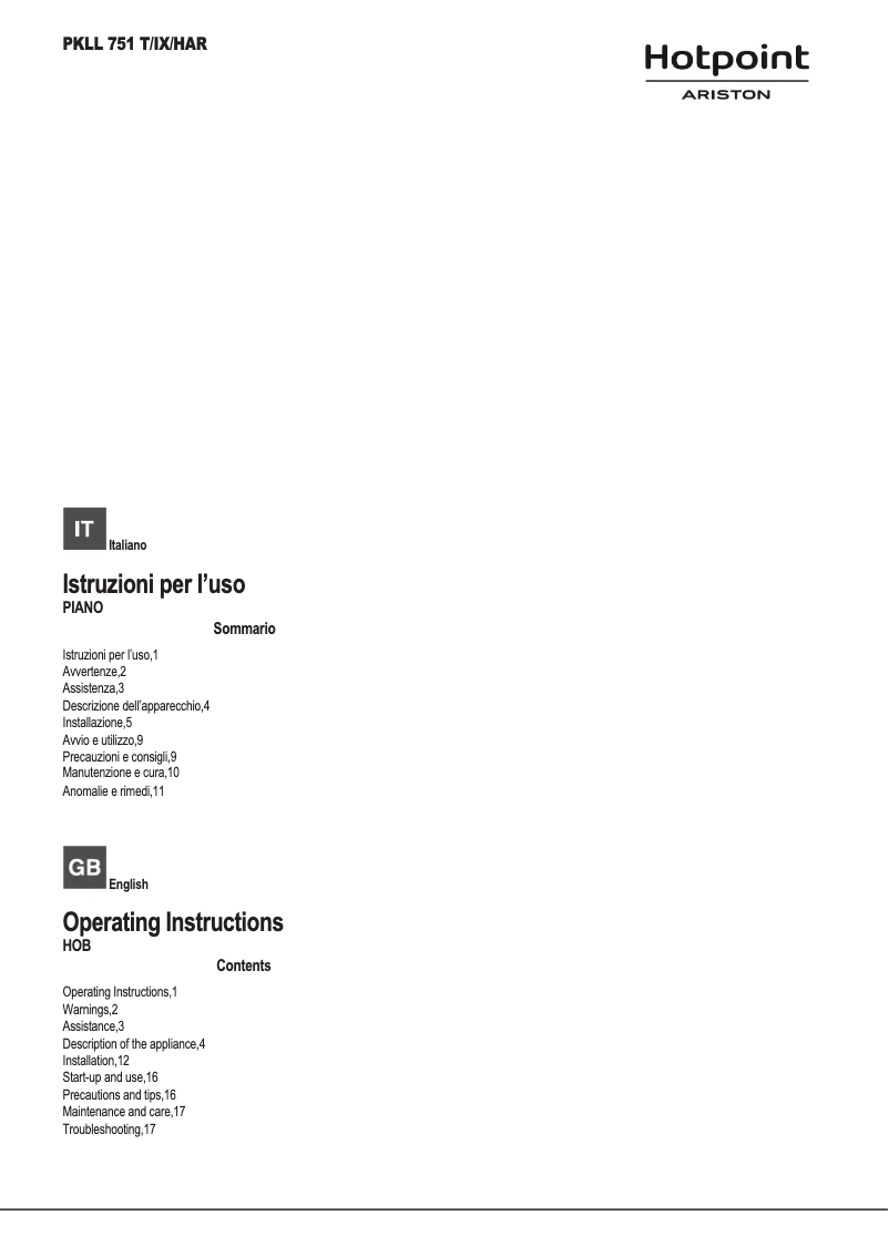 Page 1 de la notice Manuel utilisateur Hotpoint Ariston PKLL 751 T/IX/HAR
