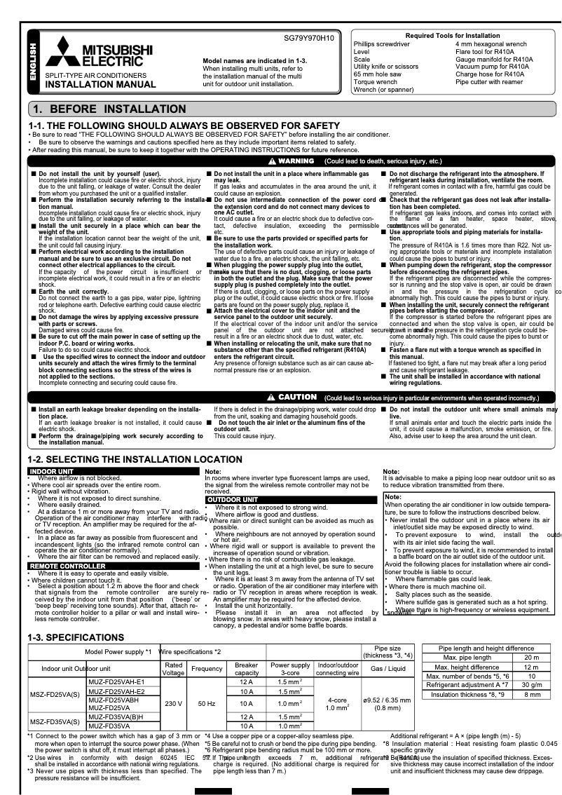 Page 1 de la notice Manuel utilisateur Mitsubishi MUZ-FD25VA