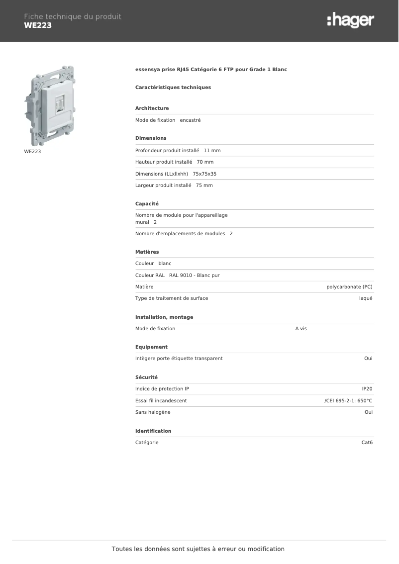 Page n°1 - Fiche technique Hager WE223