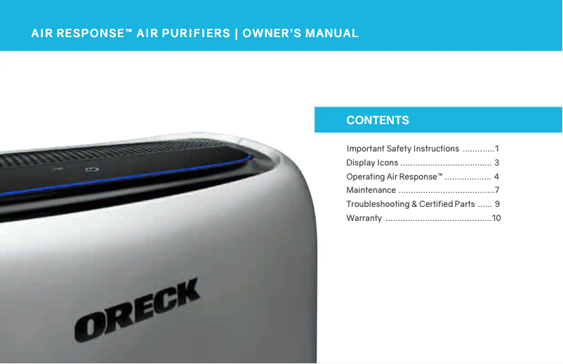 Page n°1 - Manuel utilisateur Oreck Air Response WK16000