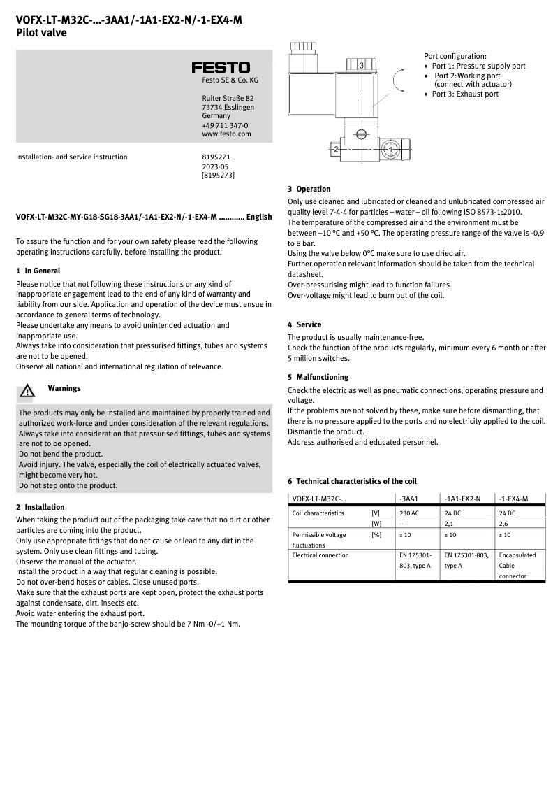 Page 1 de la notice Manuel utilisateur Festo VOFX-LT-M32C-MY-G18-SG18-3AA1