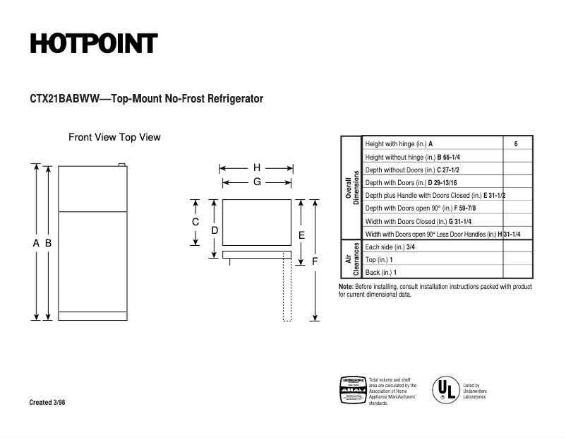 Page 1 de la notice Fiche technique Hotpoint CTX21BABWW