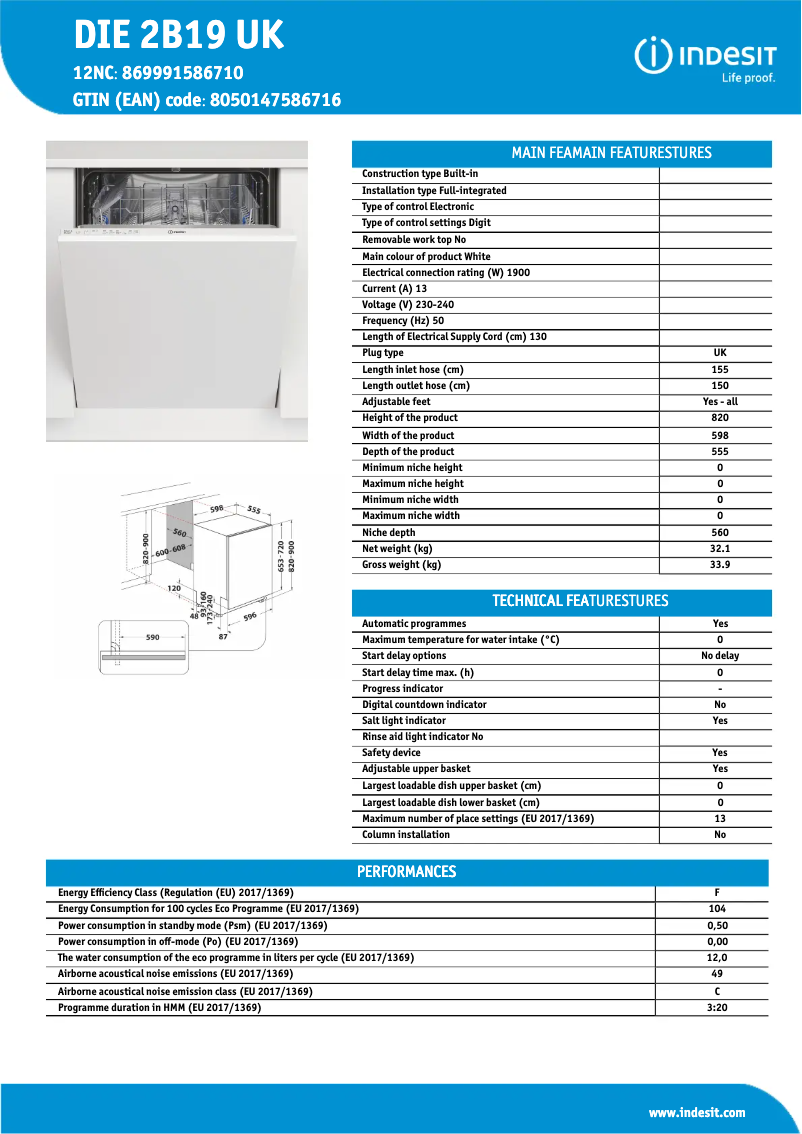 Page 1 de la notice Fiche technique Indesit DIE 2B19 UK