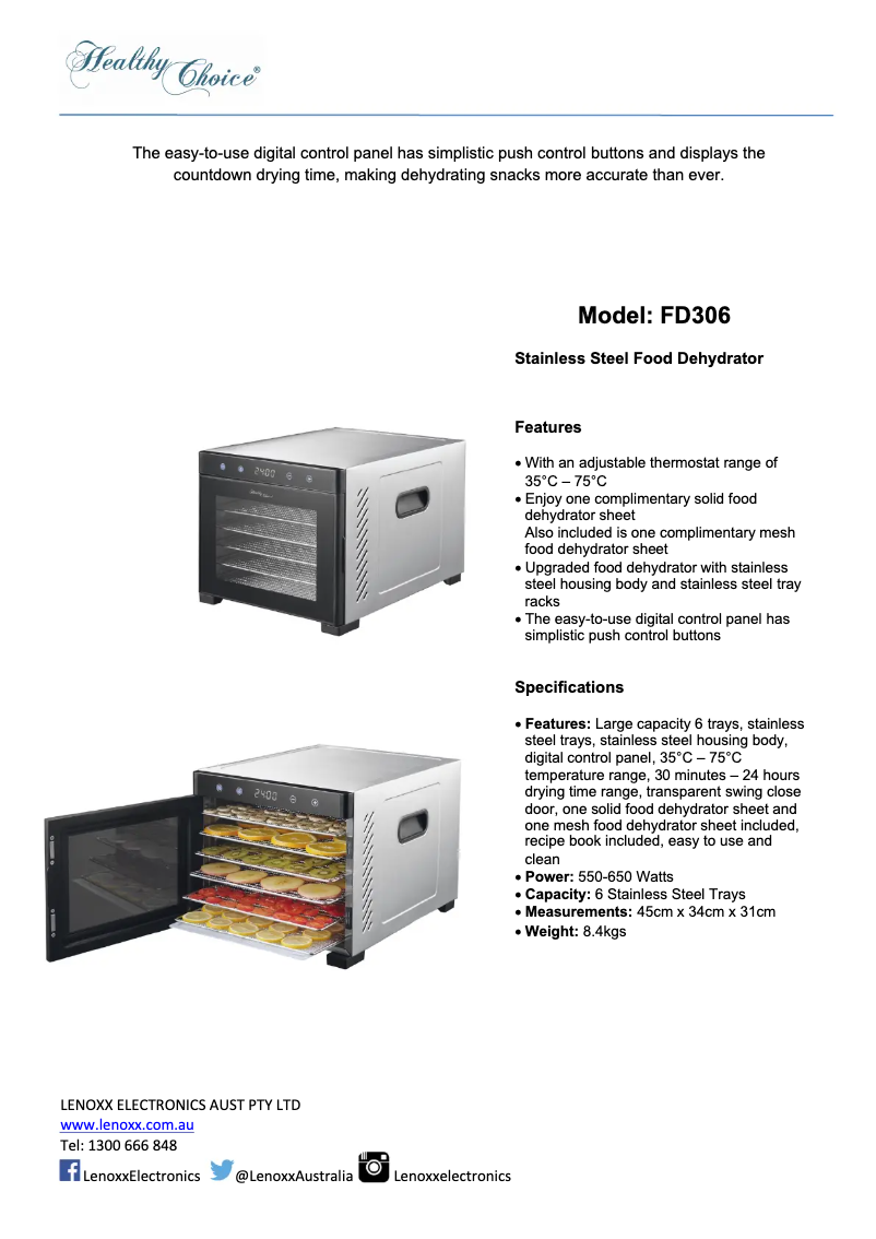 Page n°1 - Manuel utilisateur Healthy Choice FD306