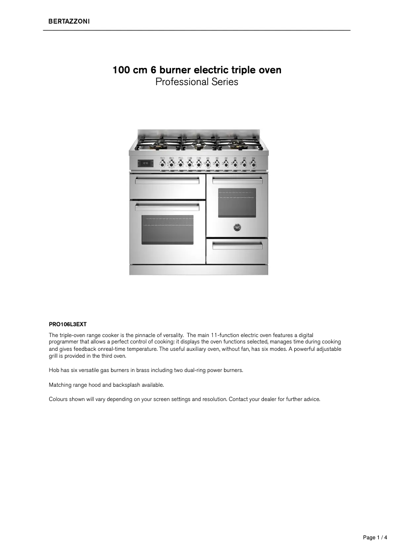 Page 1 de la notice Fiche technique Bertazzoni PRO106L3EXT