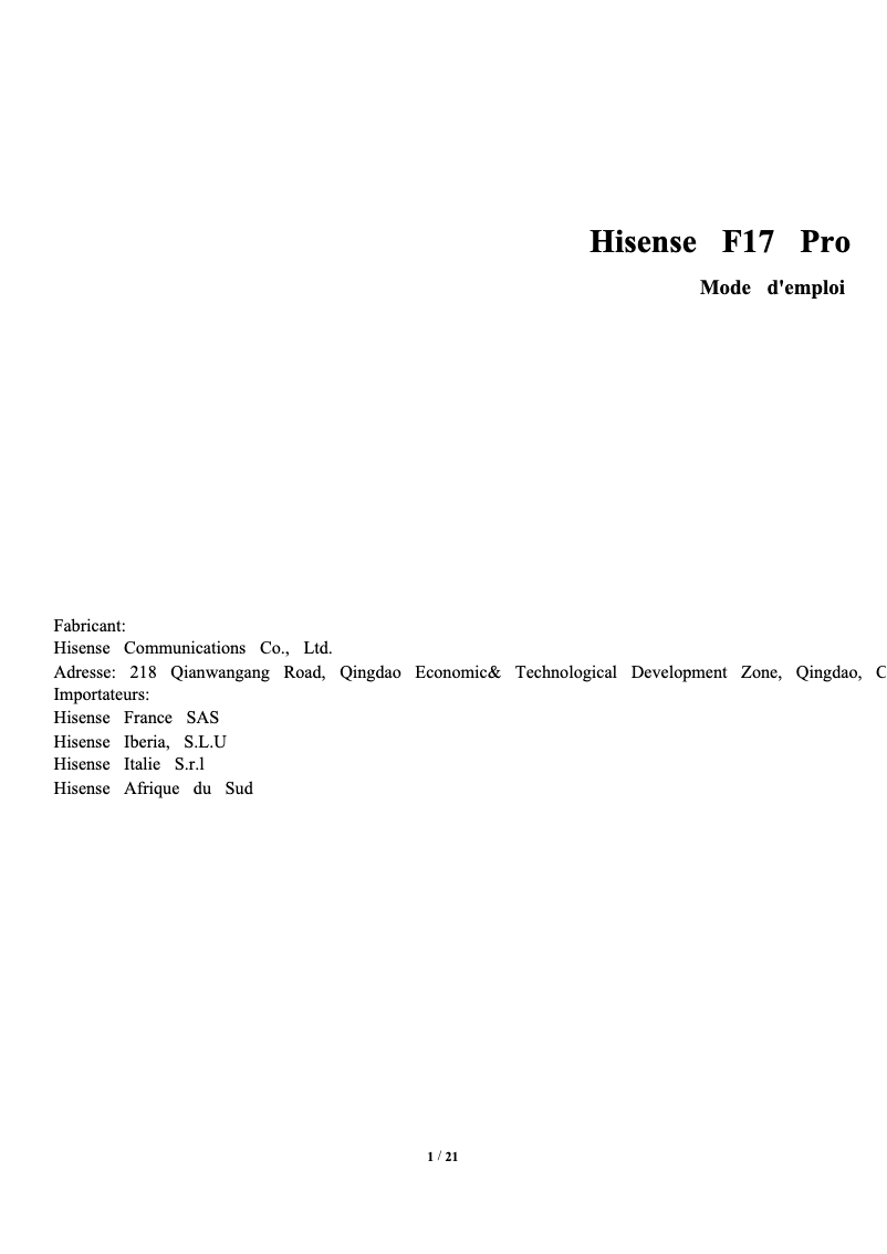 Image de la première page du manuel de l'appareil Infinity F17 Pro