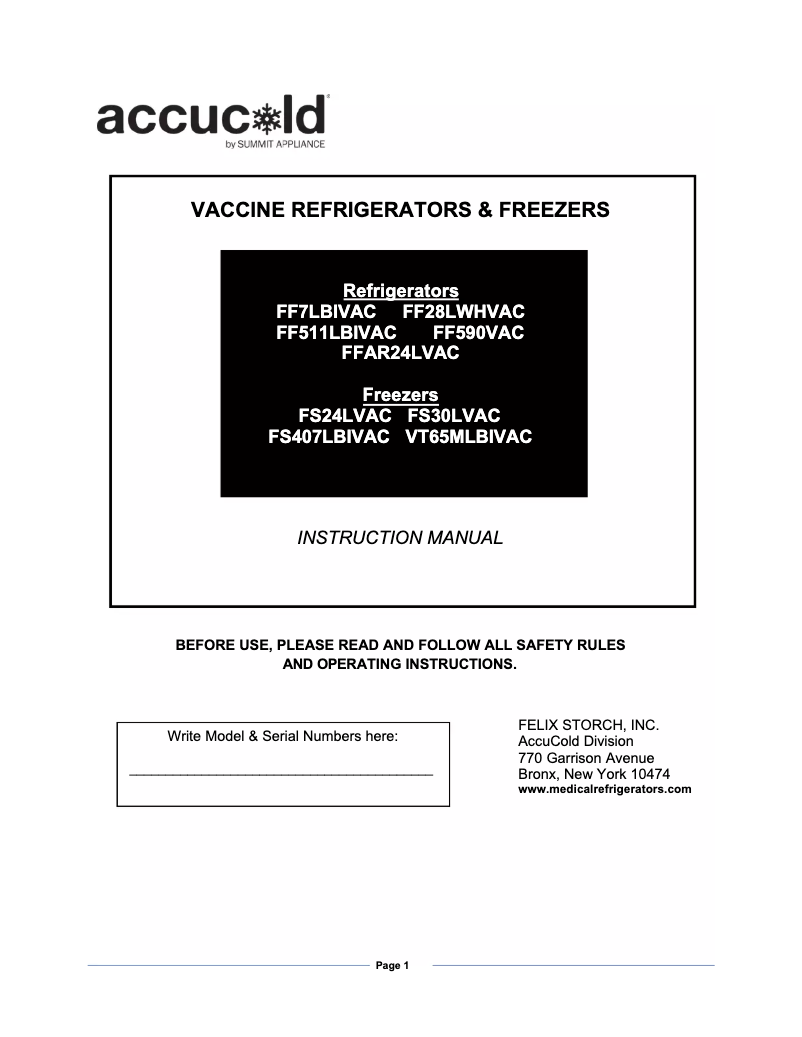 Page 1 de la notice Manuel d'utilisation et d'entretien Summit Accucold FS30LVAC