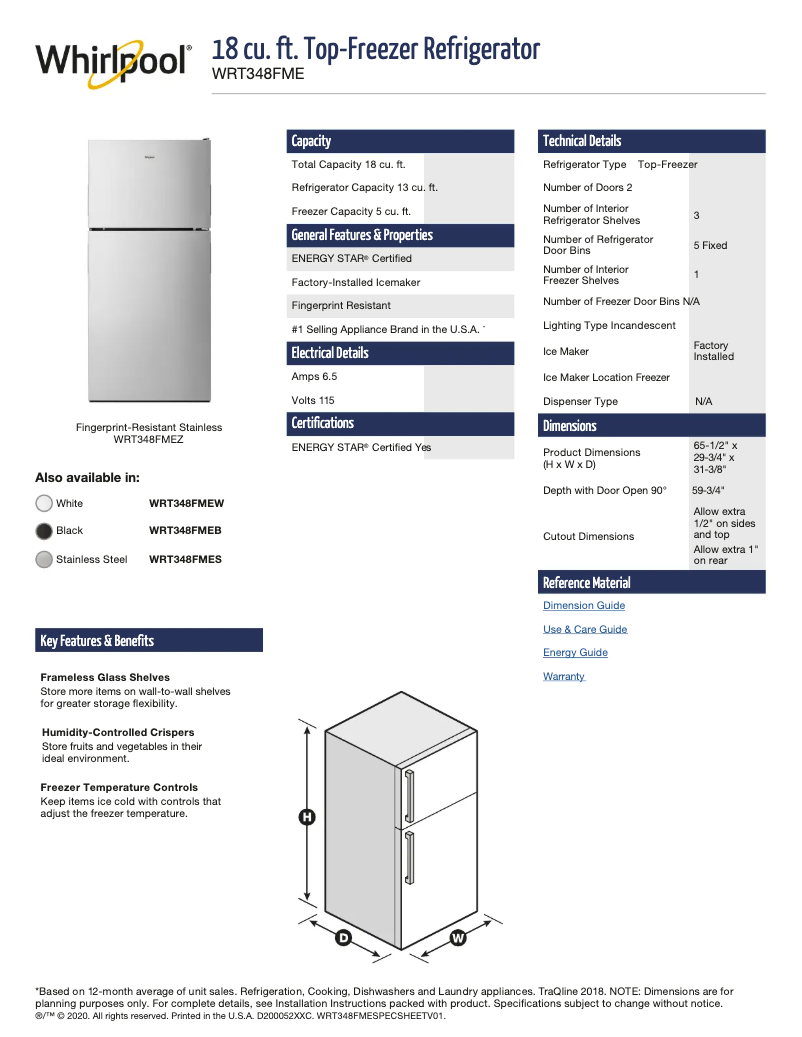 Page 1 de la notice Fiche technique Whirlpool WRT348FMEZ
