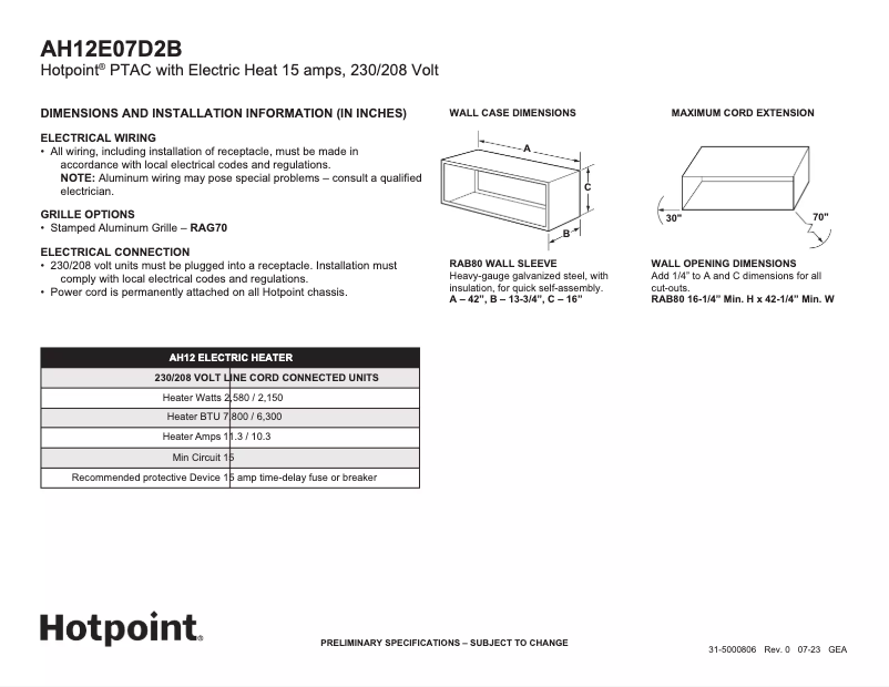 Page 1 de la notice Fiche technique Hotpoint AH12E07D2B