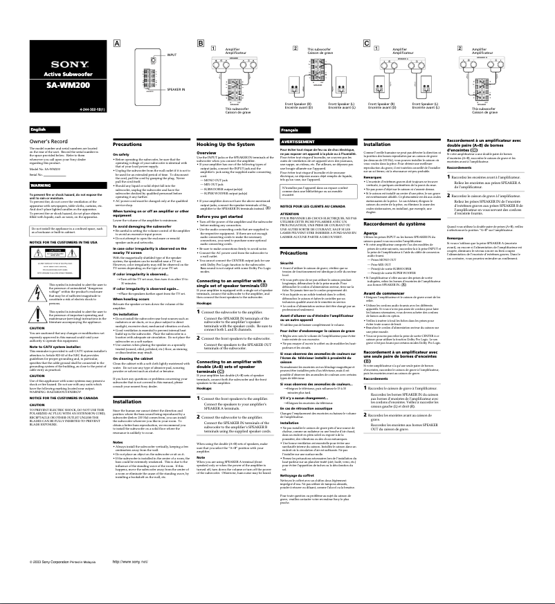 Page n°1 - Manuel utilisateur Sony SA-WM200
