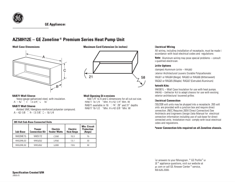 Page n°1 - Fiche technique GE AZ58H12EAC