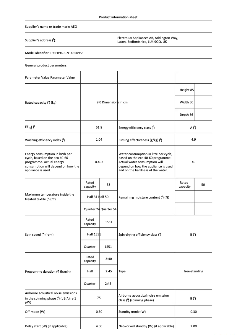 Page 1 de la notice Fiche technique AEG L9FEB969C