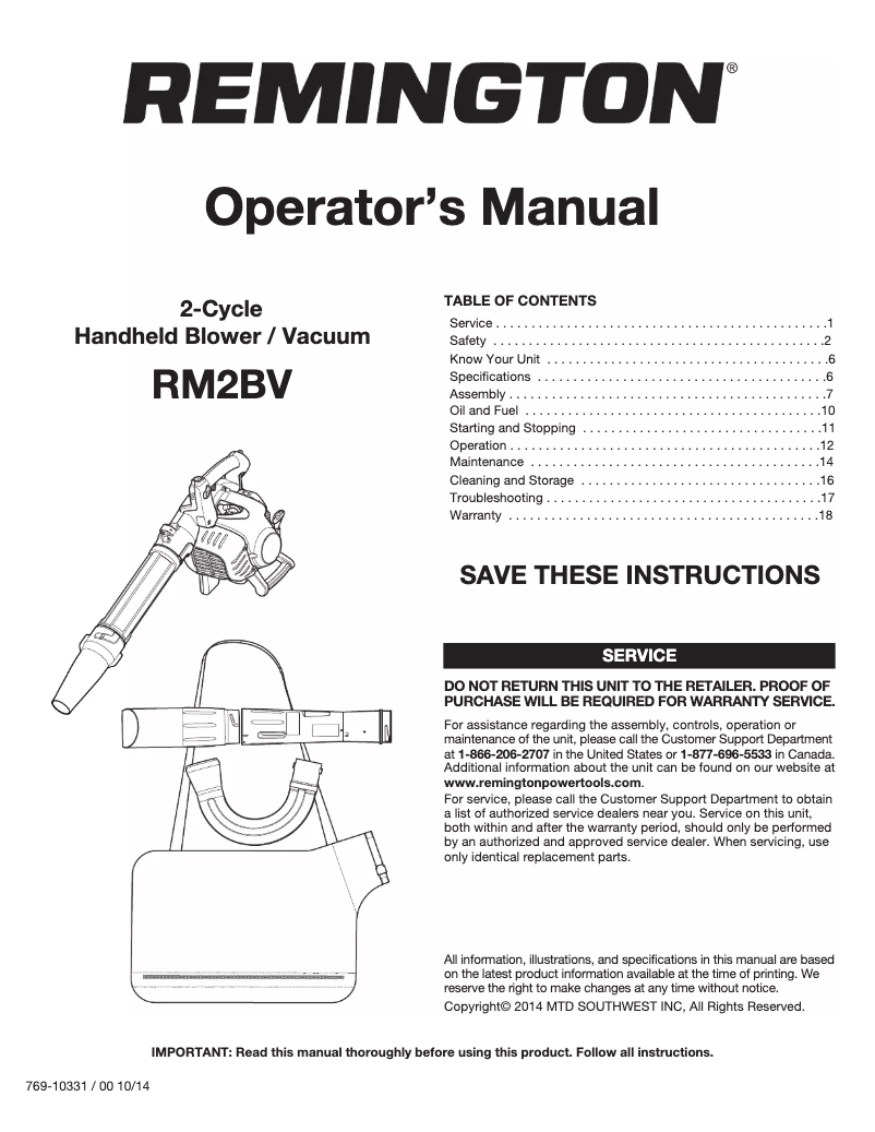 Page 1 de la notice Manuel utilisateur Remington RM2BV