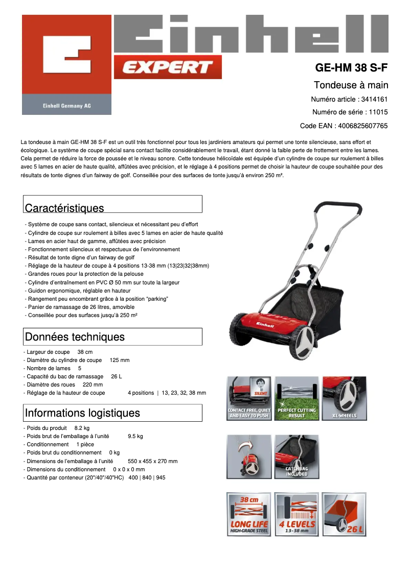 Page n°1 - Fiche technique Einhell GE-HM 38 S-F