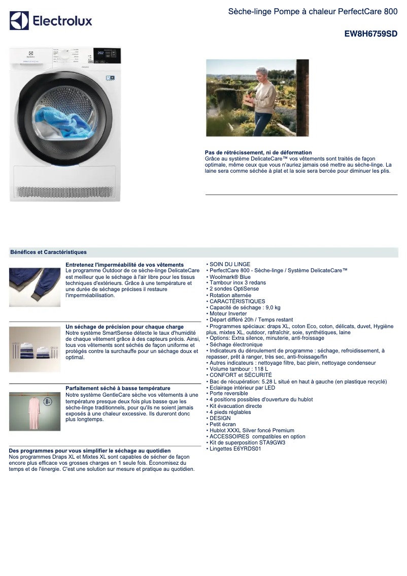 Page 1 de la notice Fiche technique Electrolux EW8H6759SD