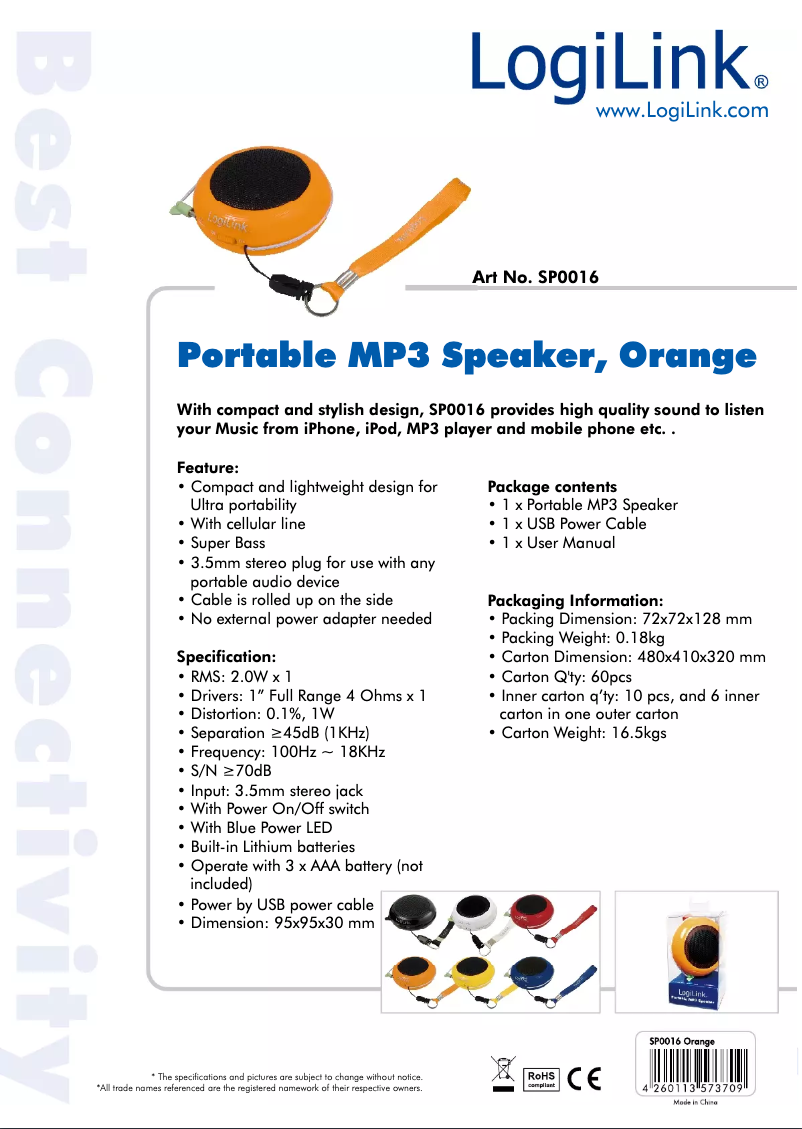 Page 1 de la notice Manuel utilisateur LogiLink SP0016