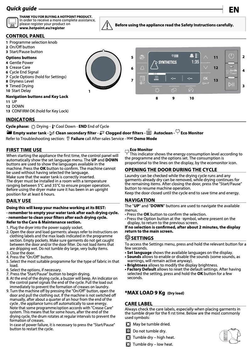 Page n°1 - Manuel utilisateur Hotpoint H8 D94WB UK