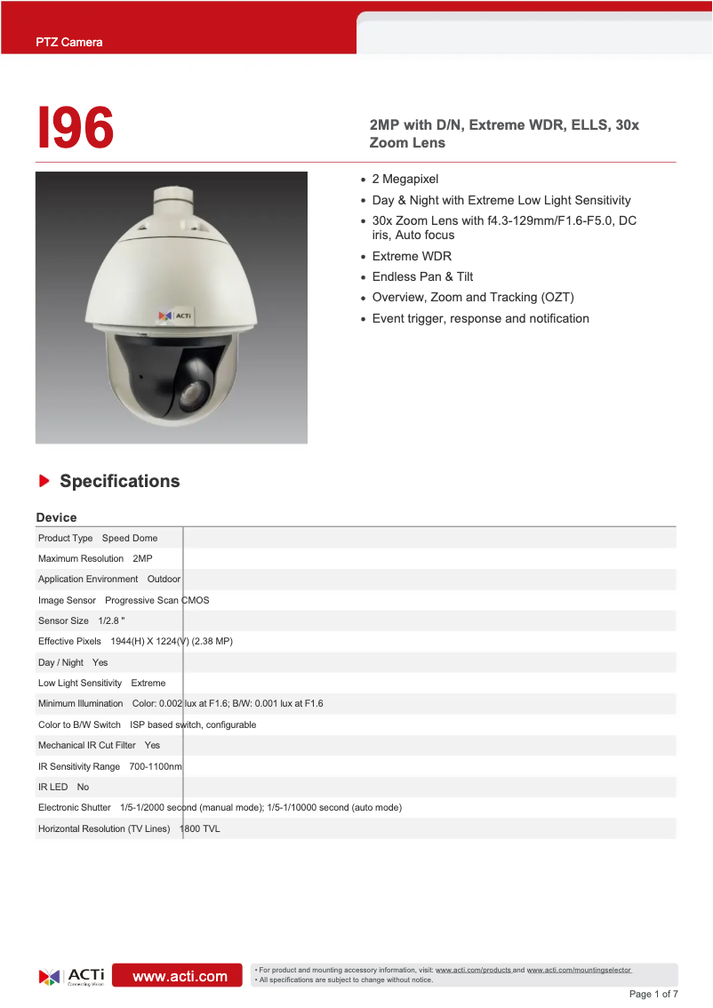 Page 1 de la notice Fiche technique ACTi I96