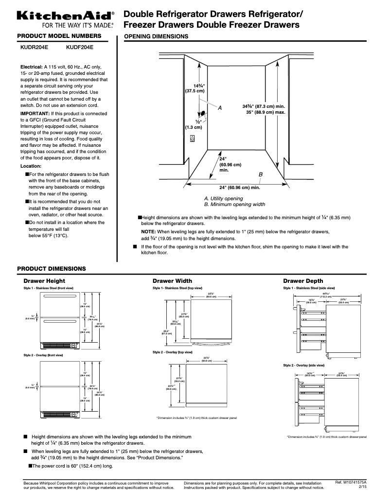 Página 1 del manual Ficha técnica KitchenAid KUDR204E