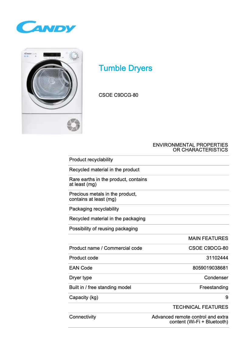 Page n°1 - Fiche technique Candy Smart Pro CSOE C9DCG-80