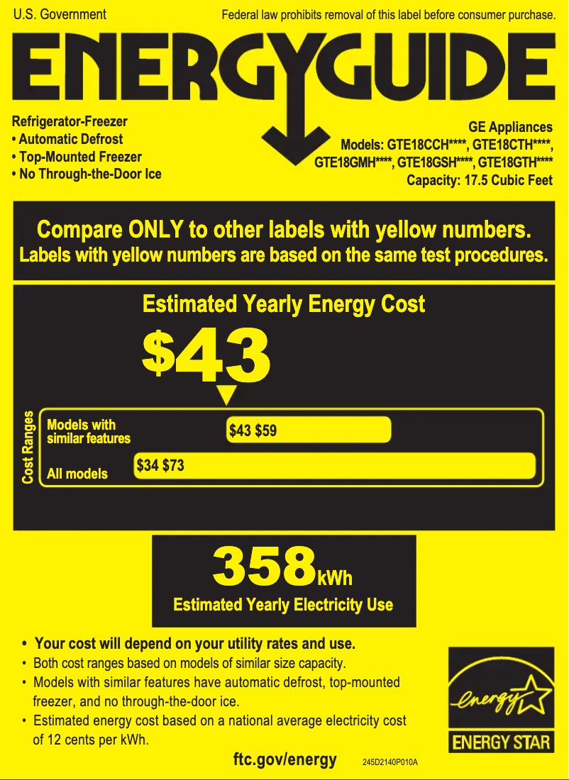 Page n°1 - Label énergétique GE GTE18CTHWW