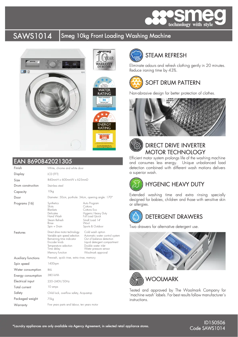 Página 1 del manual Ficha técnica Smeg SAWS1014