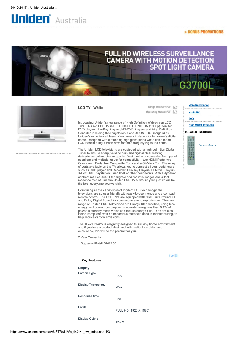 Page n°1 - Manuel utilisateur Uniden TL42TZ-AW