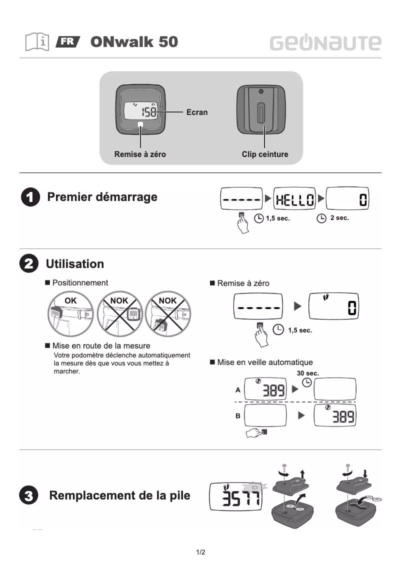 Page n°1 - Manuel utilisateur Geonaute ONwalk 50