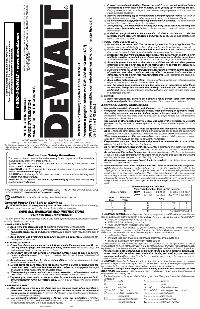 Page 1 de la notice Manuel utilisateur DeWalt DW130V