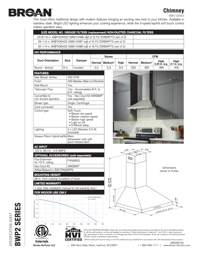 Page n°1 - Fiche technique Broan BWP2304SS