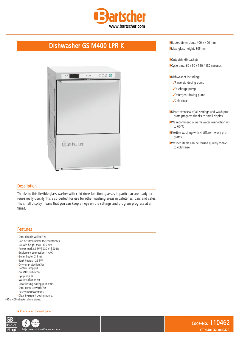 Page 1 de la notice Fiche technique Bartscher GS M400 LPR K