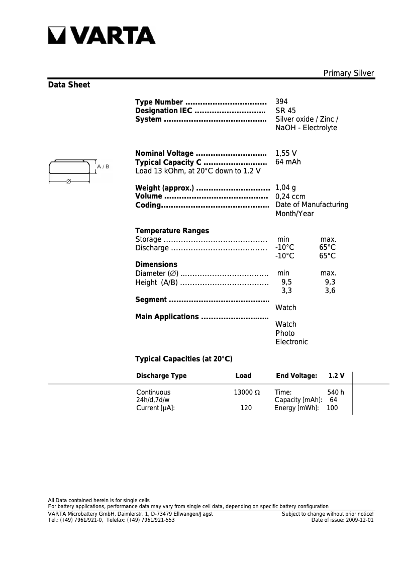 Page 1 de la notice Manuel utilisateur Varta Primary Silver Button V394
