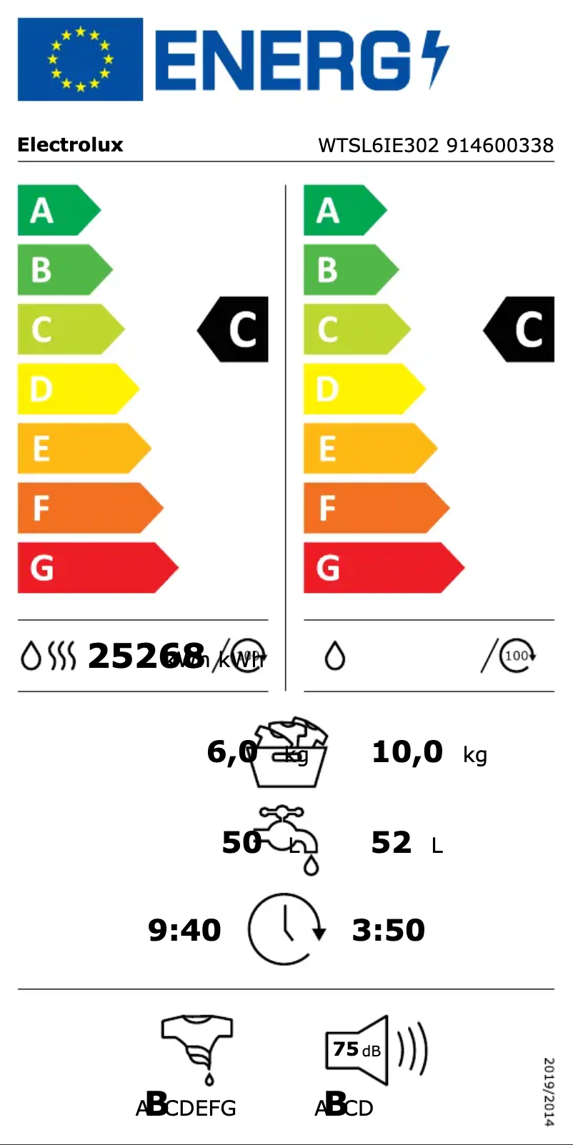 Page n°1 - Label énergétique Electrolux WTSL6IE302