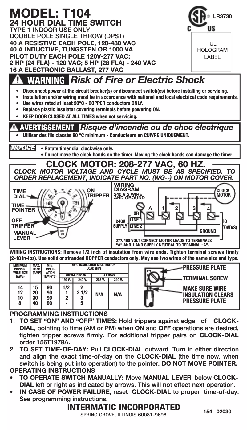 Page 1 de la notice Manuel utilisateur Intermatic T104
