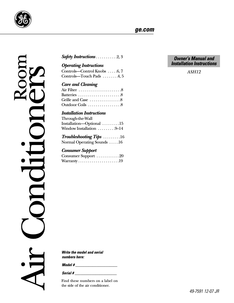 Page 1 de la notice Guide d'installation GE ASH12AL