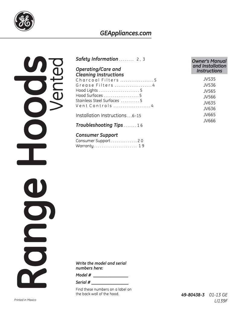 Page 1 de la notice Mode d'emploi GE JV536HSS